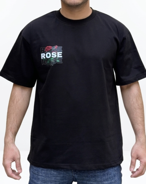 Black Oversized Rose Print T-Shirt | Heavy Cotton Streetwear - Image 2