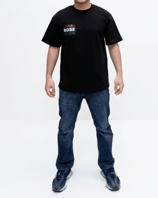Men’s black oversized rose print T-shirt front view