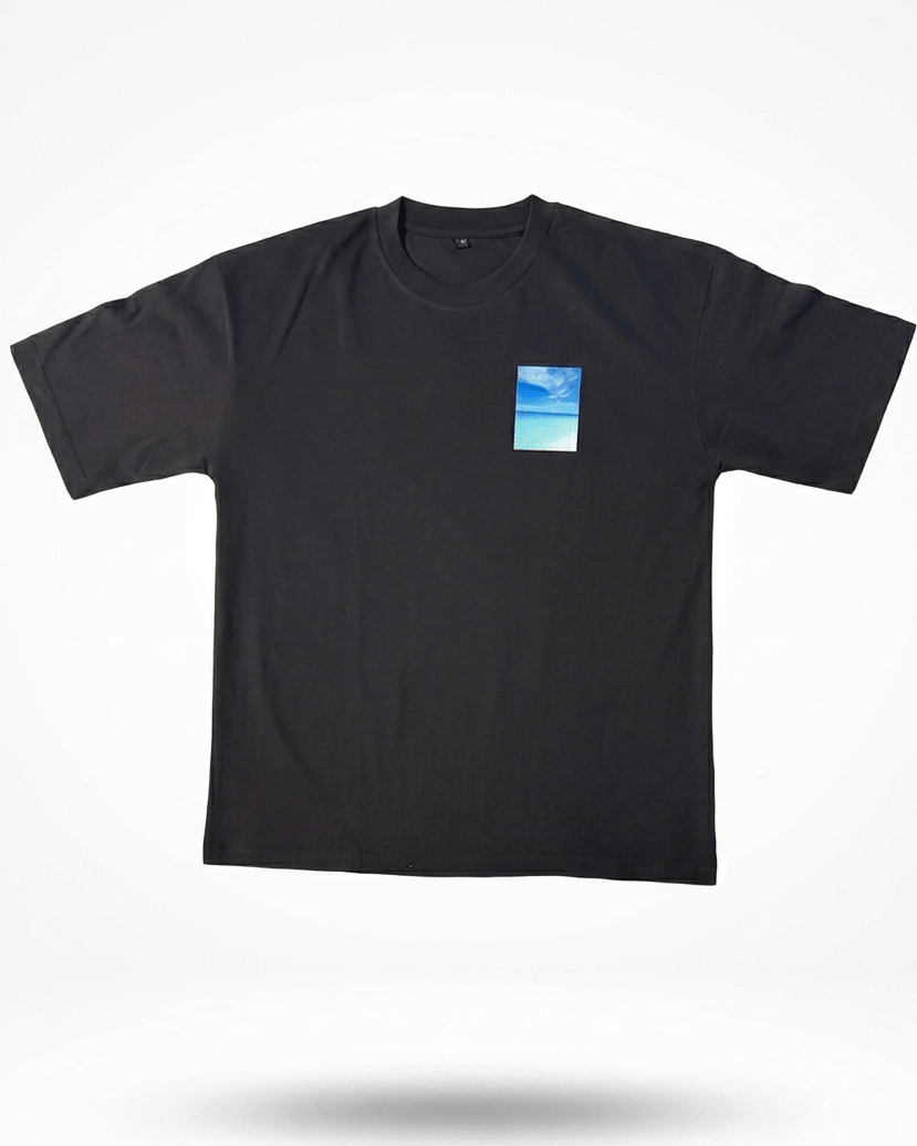 Black oversized minimal blue graphic T-shirt product shot