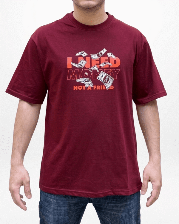 Close-up of men’s maroon printed T-shirt fabric and print