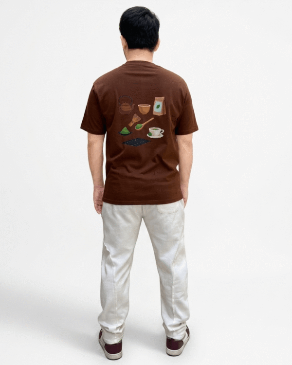 Coffee brown oversized unisex t-shirt back view with matcha graphic print design
