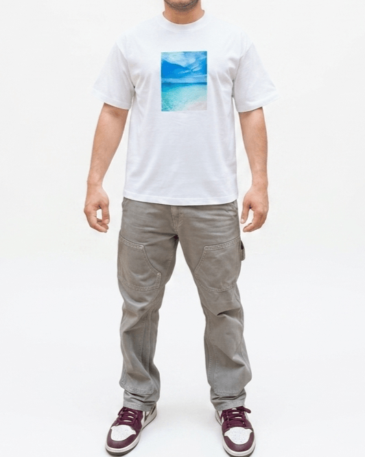Men’s white oversized blue graphic print T-shirt front view