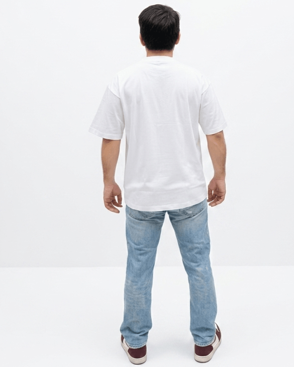 White oversized blue and orange graphic T-shirt back view