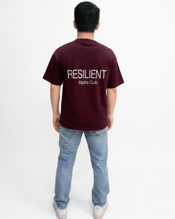 Wine oversized unisex t-shirt back view with white graphic print streetwear design