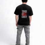 Black oversized Take It Easy print t-shirt back view with premium graphic streetwear design