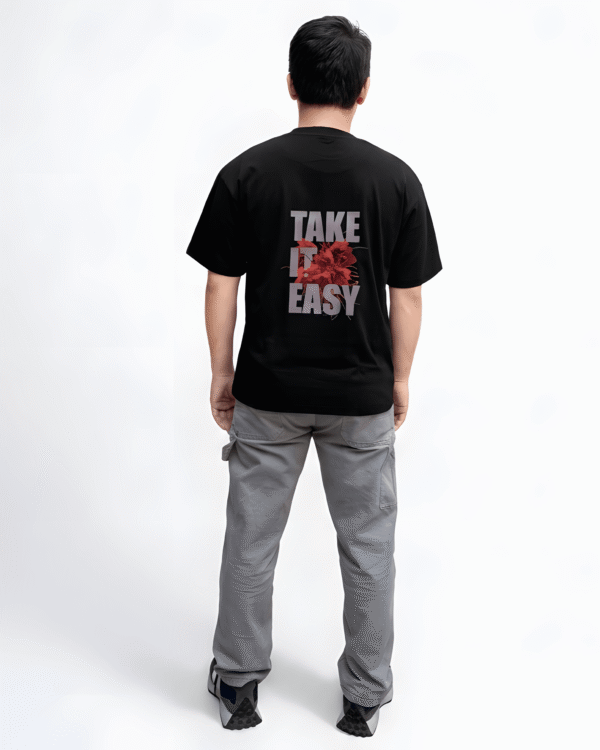 Black oversized Take It Easy print t-shirt back view with premium graphic streetwear design