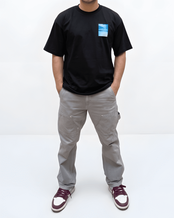 Men’s black oversized minimal blue graphic T-shirt front view