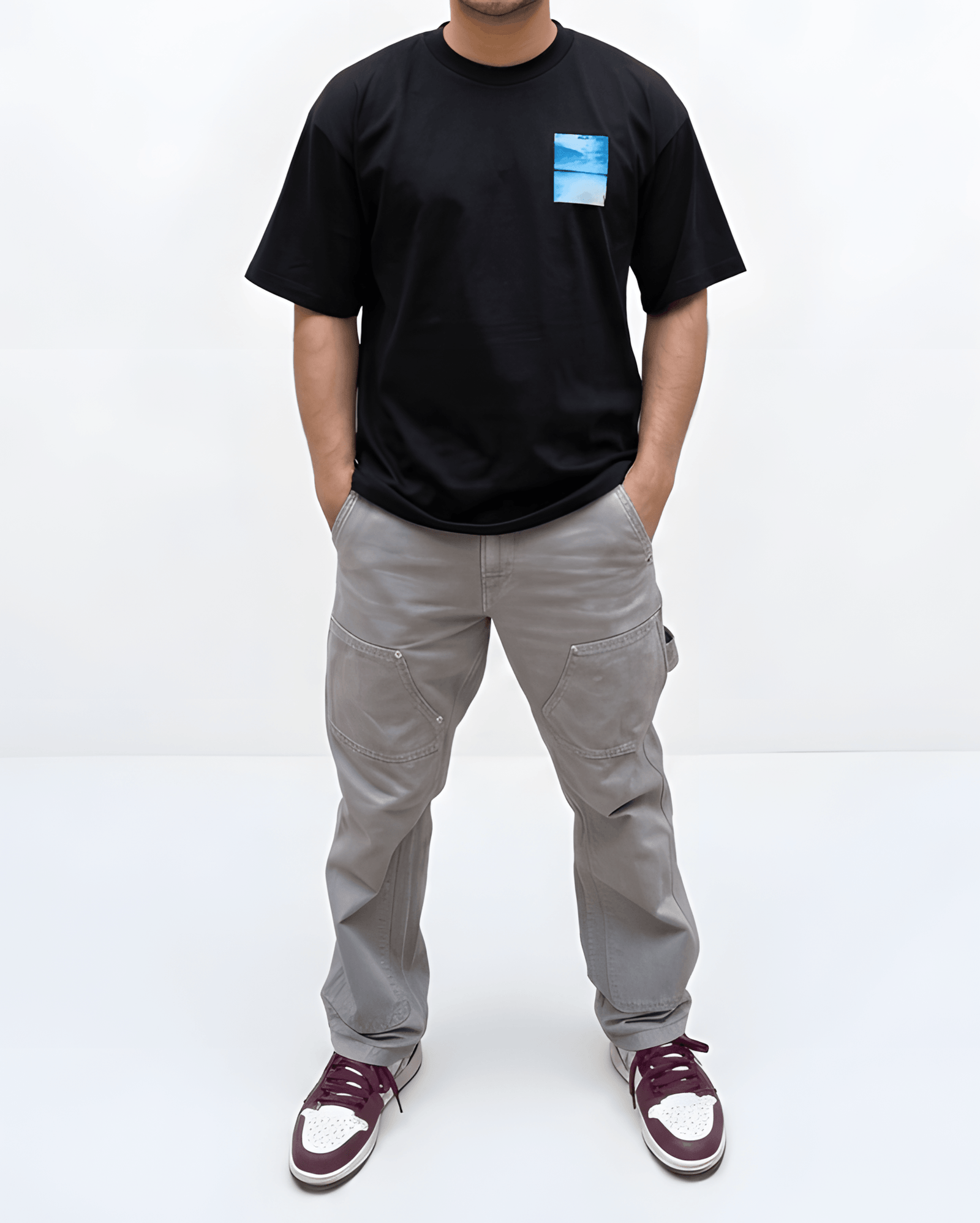 Men’s black oversized minimal blue graphic T-shirt front view