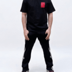 Men’s black oversized minimal red graphic T-shirt front view