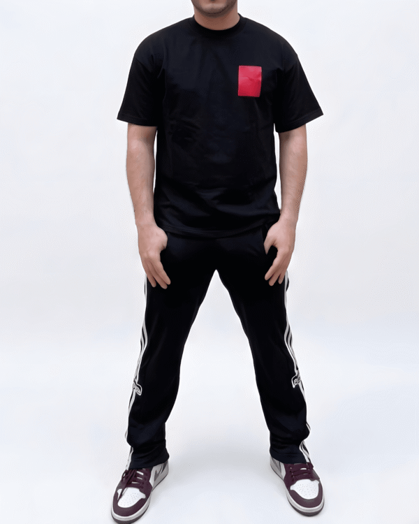 Men’s black oversized minimal red graphic T-shirt front view