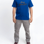 Royal blue oversized graphic print unisex t-shirt front view with modern streetwear artwork