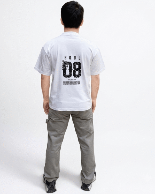 White oversized 08 Worldwind print t-shirt back view with premium graphic streetwear design