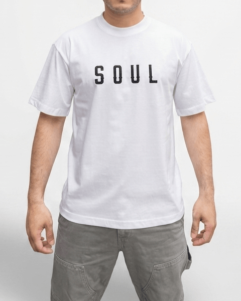White oversized 08 Worldwind graphic t-shirt front close-up showing premium cotton fabric and print detail