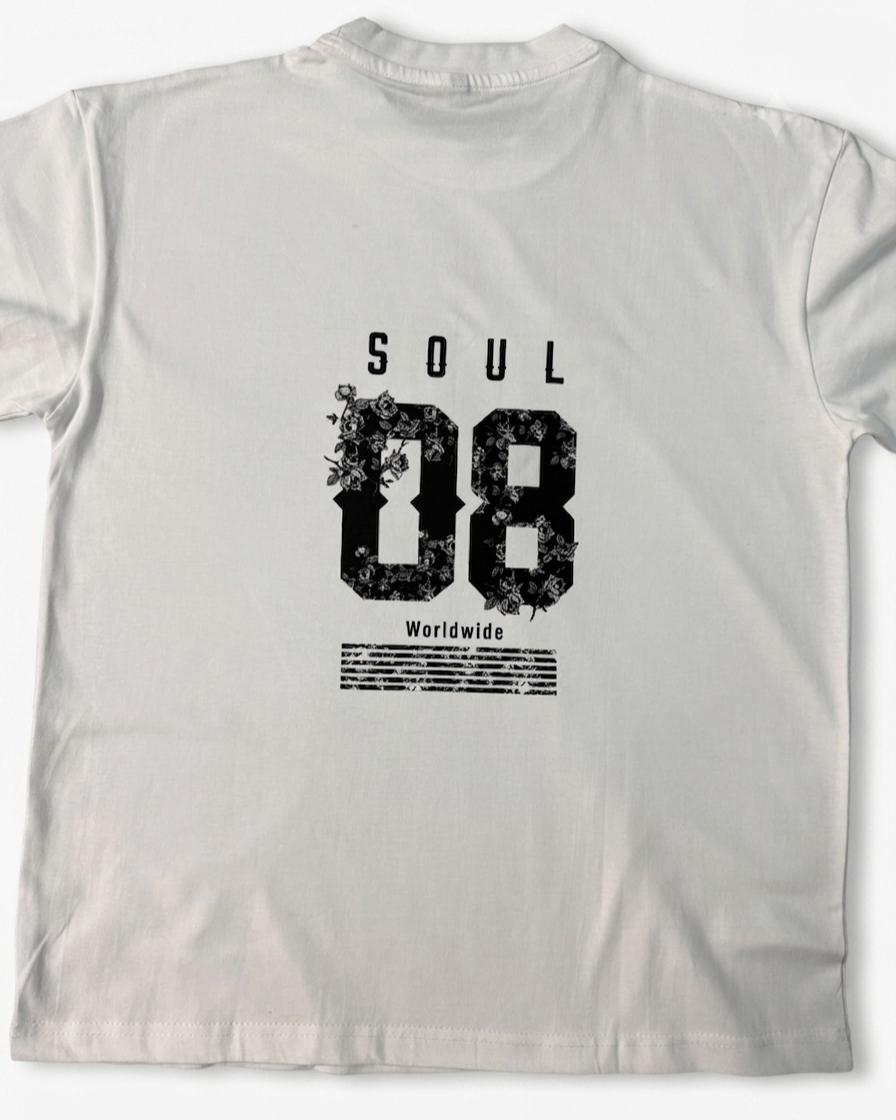 White oversized 08 Worldwind graphic t-shirt product shot featuring relaxed premium cotton oversized fit