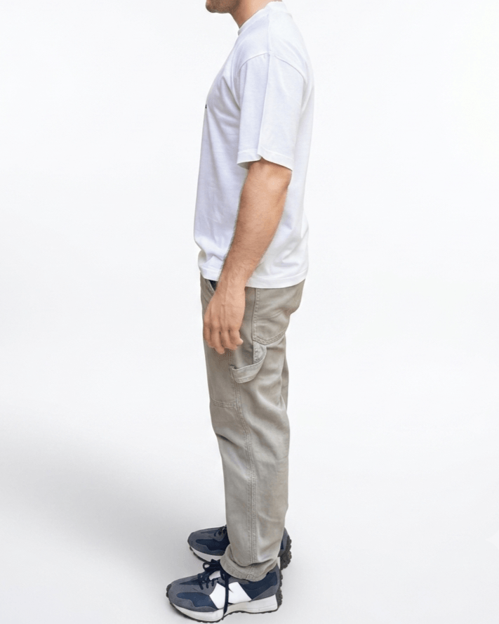 White oversized 08 Worldwind print t-shirt side view with soft oversized streetwear silhouette