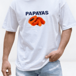 Close-up of white oversized T-shirt with blue and orange papaya graphic print