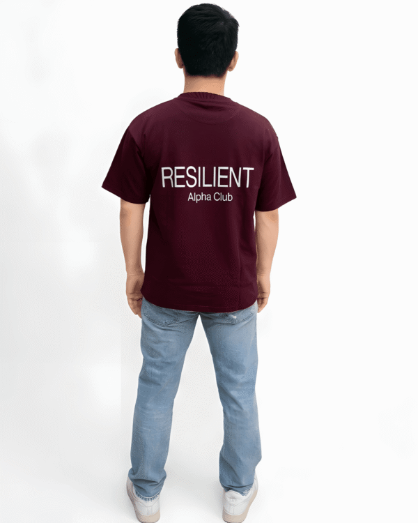 Wine oversized unisex t-shirt back view with white graphic print streetwear design